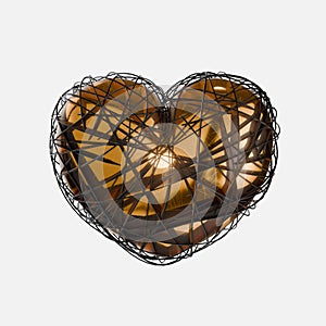 A gold heart wrapped with ribbons. 3d render. Element for valentine's day.