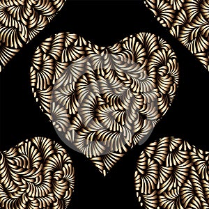 Gold hearts seamless vector pattern. Shiny golden and black Valentines day background. Doodle ornament. Texture of foil.