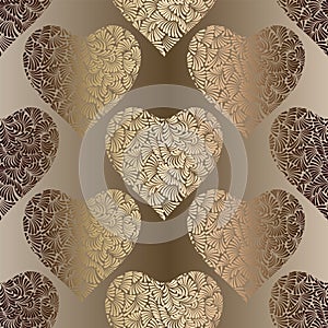 Gold hearts seamless vector pattern. Shiny golden Valentines day background. Doodle ornament. Texture of foil.