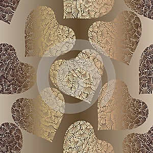 Gold hearts seamless vector pattern. Shiny golden Valentines day background. Doodle ornament. Texture of foil.