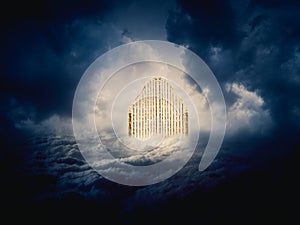 Gold heavens gate in the sky / 3D illustration