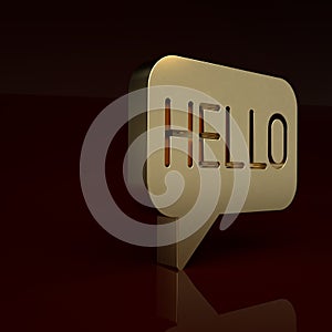 Gold Hello in different languages icon isolated on brown background. Speech bubbles. Minimalism concept. 3D render