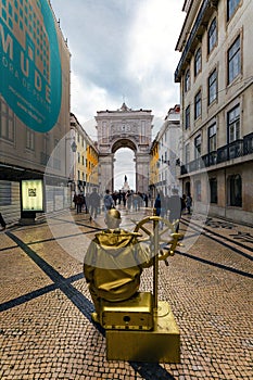 Golden Helmsman Living Statue, Street Performer in Rua Augusta, Lisbon