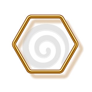 Gold hexagon shape frame for picture with shadow on white background. Blank space for picture, painting, card or photo