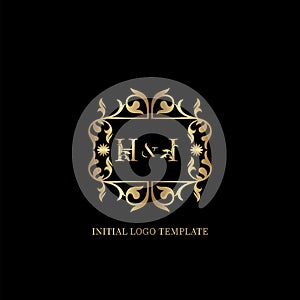 Gold HI Initial logo. Frame emblem ampersand deco ornament monogram luxury logo template for wedding or more luxuries identity