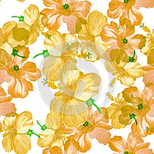 Gold Hibiscus Background. Orange Seamless Plant. White Flower Set. Golden Watercolor Set. Yellow Pattern Jungle. Yellow Tropical B