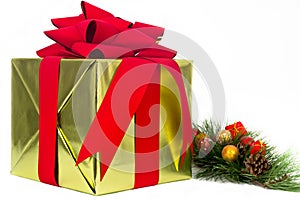 Gold Holiday Gift with Pine Bough