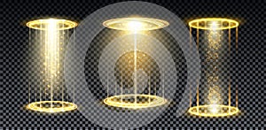 Gold hologram portal. Magic fantasy portal. Magic circle teleport podium with hologram effect. Vector gold glow rays photo