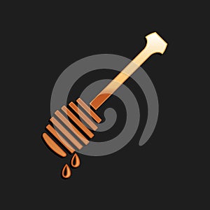 Gold Honey dipper stick with dripping honey icon isolated on black background. Honey ladle. Long shadow style. Vector