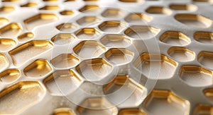 Gold honeycomb textured surface closeup background for design or art photo