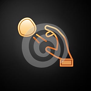 Gold Hooligan shooting small stones icon isolated on black background. Demonstrator. Vector