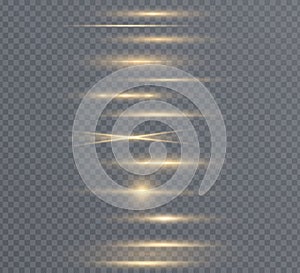 Gold horizontal lens flares pack. Laser beams, horizontal light rays. Collection effect light. Gold line png. Beautiful