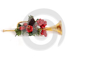 Gold horn Christmas Ornament with holly
