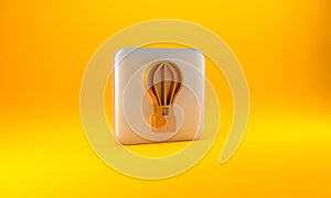Gold Hot air balloon icon isolated on yellow background. Air transport for travel. Silver square button. 3D render