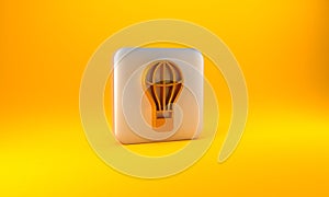 Gold Hot air balloon icon isolated on yellow background. Air transport for travel. Silver square button. 3D render