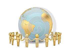 Gold human character holding hands around the globe world community concept high quality 3D illustration