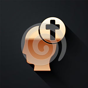 Gold Human head with christian cross icon isolated on black background. Long shadow style. Vector.