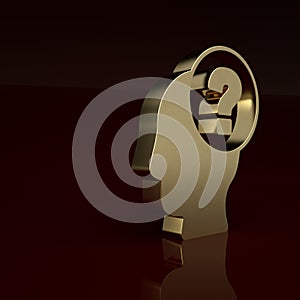 Gold Human head with question mark icon isolated on brown background. Minimalism concept. 3D render illustration