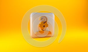 Gold Human head with question mark icon isolated on yellow background. Silver square button. 3D render illustration