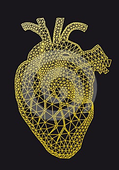 Gold human heart with geometric pattern, vector