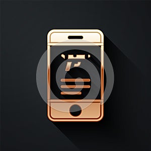 Gold Hunting shop with rifle and gun weapon in mobile app icon isolated on black background. Supermarket or store with