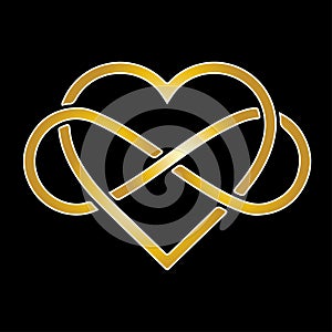 Gold infinity heart symbol isolated on black background.