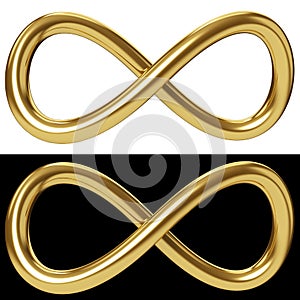 Gold infinity loop on white and black background