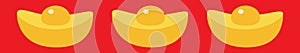 Gold Ingot line set. Cinese New Year symbol atribute. Golden bar icon. Greeting card. Flat design. Isolated. Red background