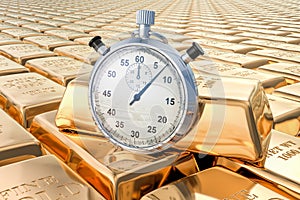 Gold ingots background with chronometer, 3D rendering