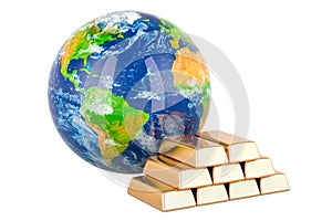 Gold ingots with Earth Globe, 3D rendering