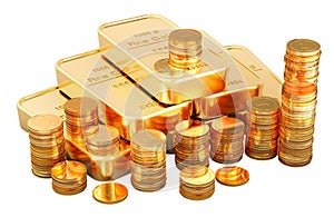 Gold ingots and golden coins, 3D rendering