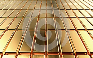Gold ingots stacked in neat rows, Gold bars, 3d Render