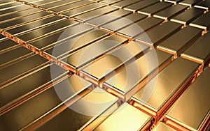 Gold ingots stacked in neat rows, Gold bars, 3d Render