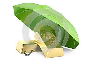 Gold ingots with umbrella, financial insurance and business stab