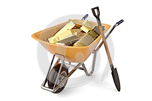 Gold ingots on wheelbarrow and shovel on white background 3D ill