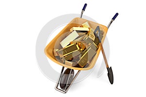 Gold ingots on wheelbarrow and shovel on white background 3D ill