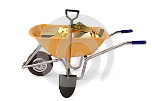 Gold ingots on wheelbarrow and shovel on white background 3D ill