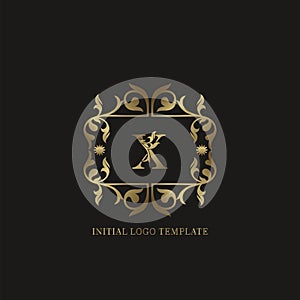 Gold X Initial logo. Frame emblem ampersand deco ornament monogram luxury logo template for wedding or more luxuries identity