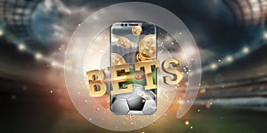 Gold inscription Sports Betting on a smartphone on the background of the stadium. Bets, sports betting, bookmaker. Mixed media