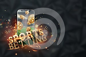 Gold inscription Sports Betting on a smartphone on a dark background. Bets, sports betting, bookmaker. 3D design, 3D illustration