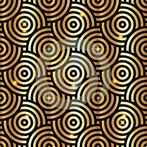 Gold intersecting repeating circles pattern. Japanese style circles seamless background. Modern golden spiral abstract geometric