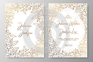 Gold invitation with frame of leaves. Gold cards templates for save the date, wedding invites, greeting cards, postcards, thank yo