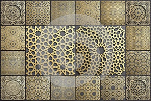 Gold islamic art 3d pattern set. Pattern islamic motif. Ramadan kareem vector. Design ornament ottoman muslim circle. 3D