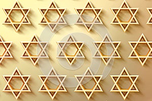 Gold Israel stars. Seal of Solomon icon. Jewish Star of David six sointed star. Gold hexagram on white background. 3d illustration