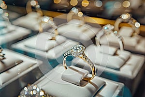 Gold jewelry diamond rings displayed in the window of a luxury store