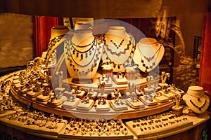 Gold jewelry display in store window