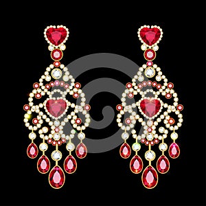 gold jewelry earrings with ruby and precious stones