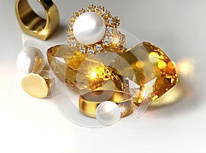 gold jewelry natural white pearl and  rings  yellow citrine on white background women luxury  fashion   accessory copy space