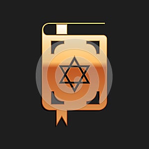 Gold Jewish torah book icon isolated on black background. Book of the Pentateuch of Moses. On the cover of the Bible is