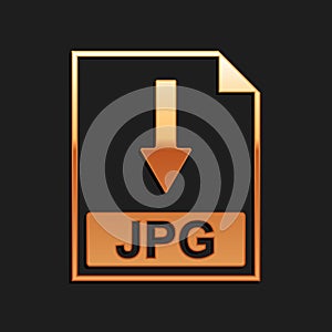 Gold JPG file document icon. Download JPG button icon isolated on black background. Long shadow style. Vector